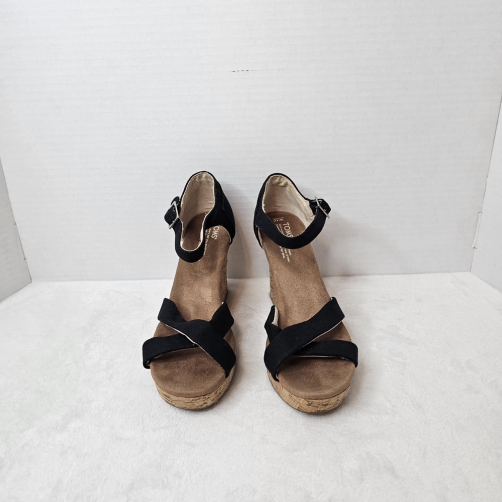 Toms Black Suede Crisscross Ankle-Strap Wedge Sandals